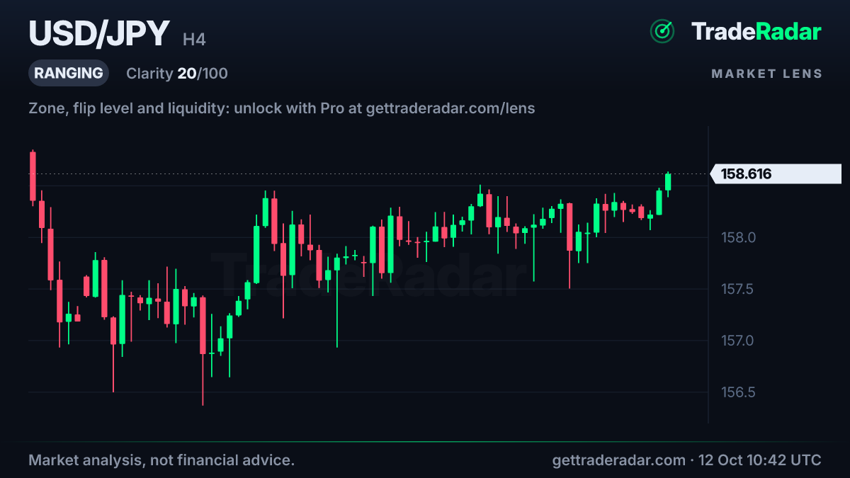 USD/JPY 4-hour chart with market structure and bias from TradeRadar Market Lens